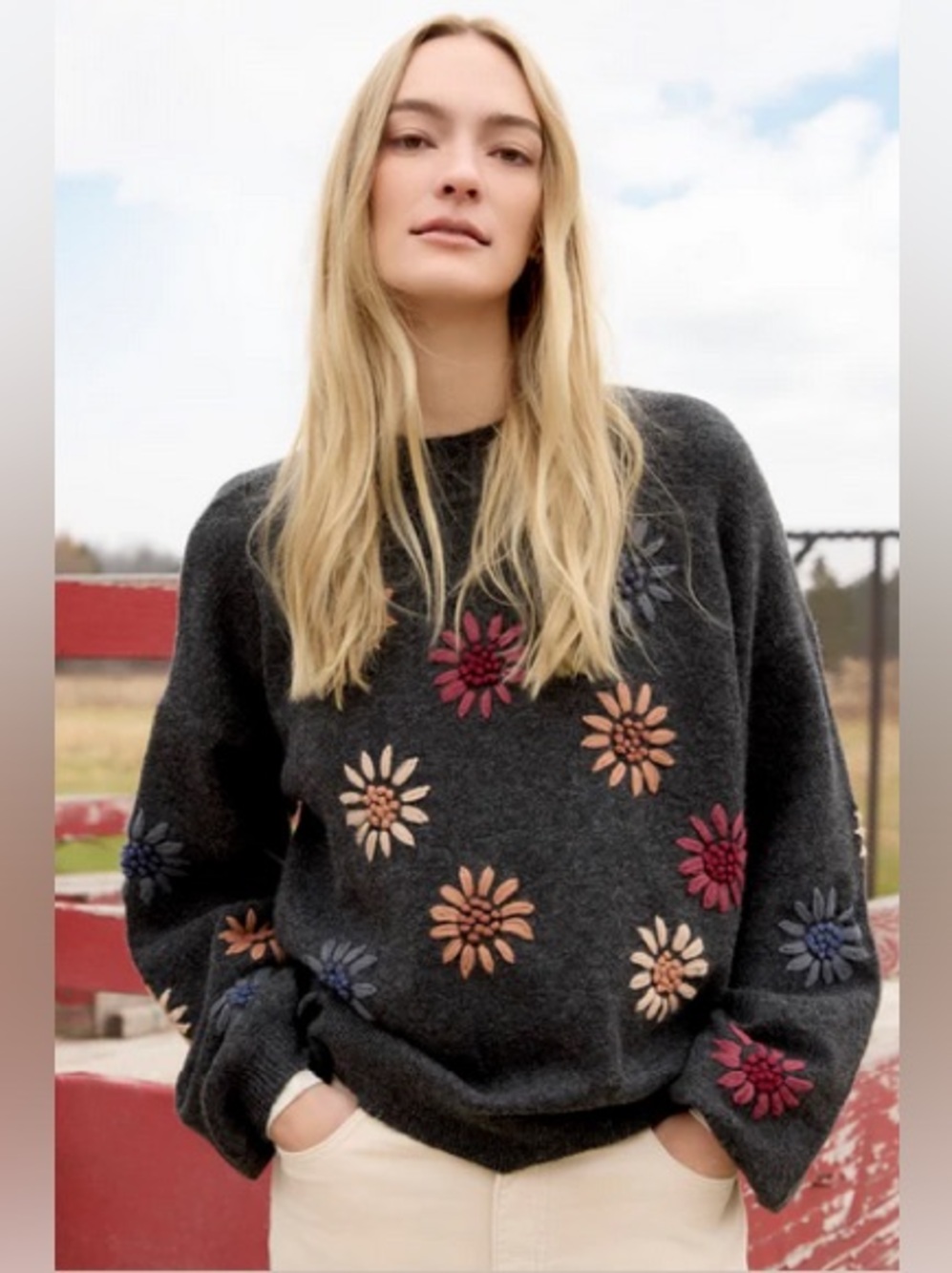 CHARLIE B Charcoal Crewneck Sweater with Multicolor Floral Embroidery
